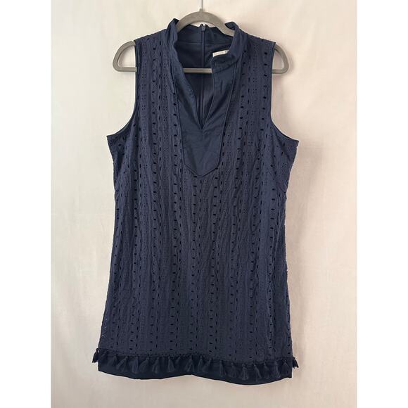 Eliza J Eyelet Shift Dress Navy Blue Tassel Sun Dress Beachy Cotton Tank Size 16 - Picture 1 of 5